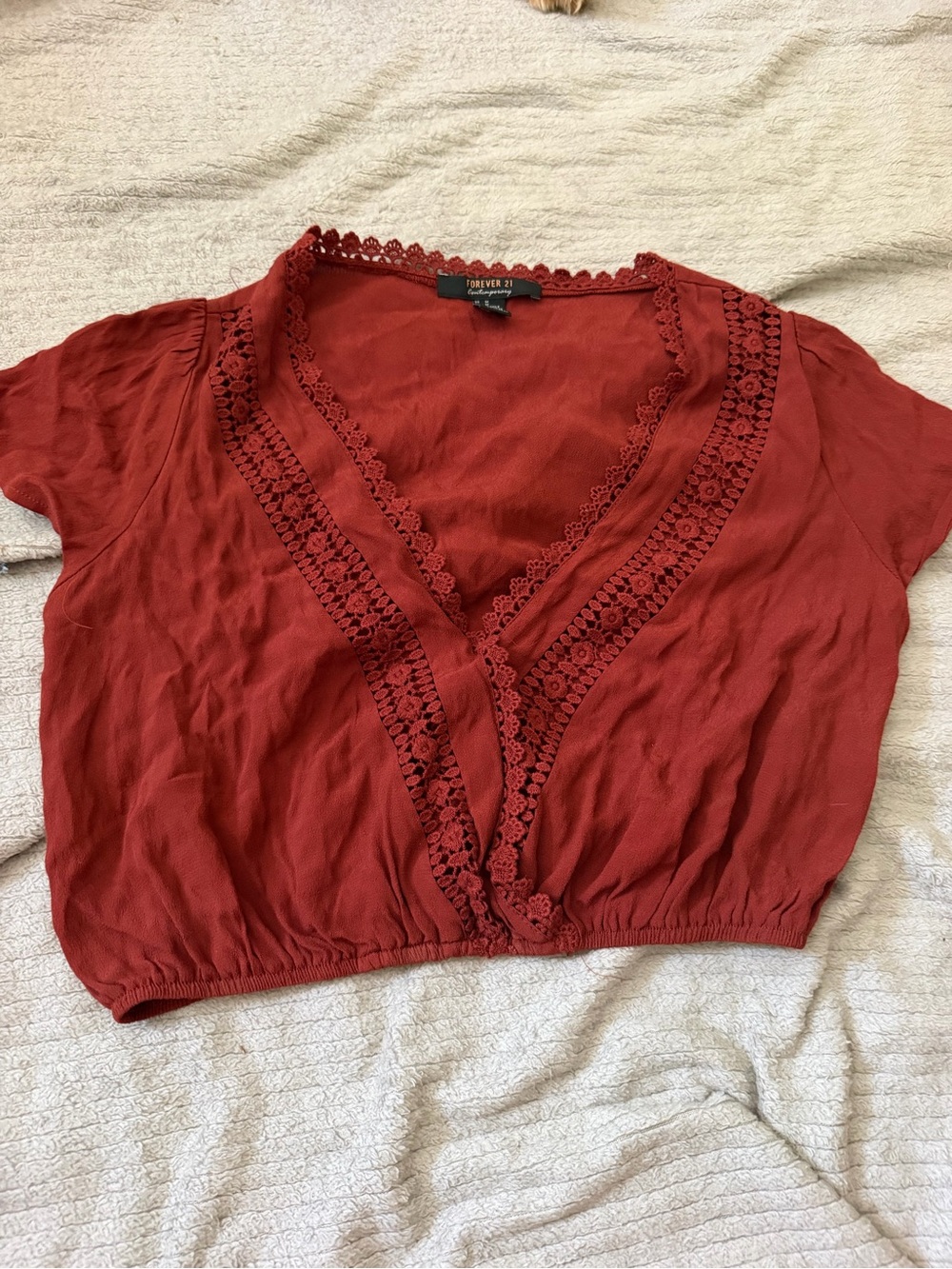 Forever 21 Deep Red Lace-Trim V-Neck Cropped Top